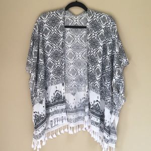 Black&Off White Fringed Kimono  One size fits Most